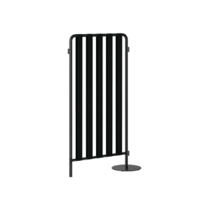 A black slatted office screen divider