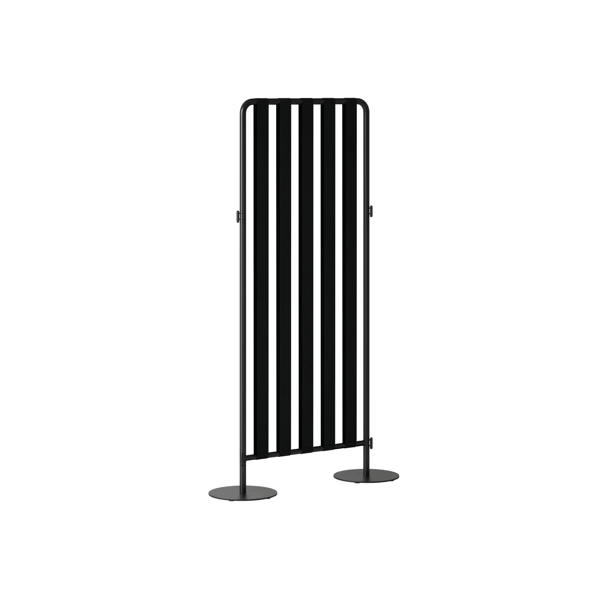 A black slatted office screen divider